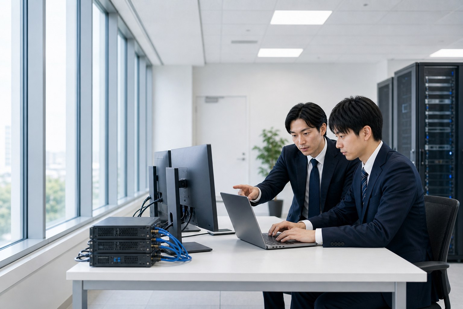窓に背面を向けたモニターで、先輩と一緒にネットワーク機器を確認しながら学ぶセキュリティエンジニア