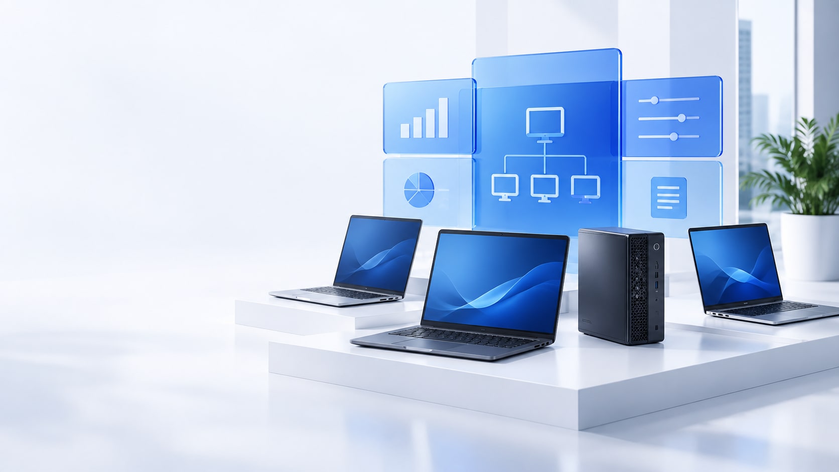 PCやIT機器の一元管理を表現した青と白の紹介用イメージ